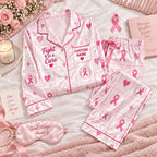 pink ribbon grid satin pajamas flat lay with a custom name on the chest