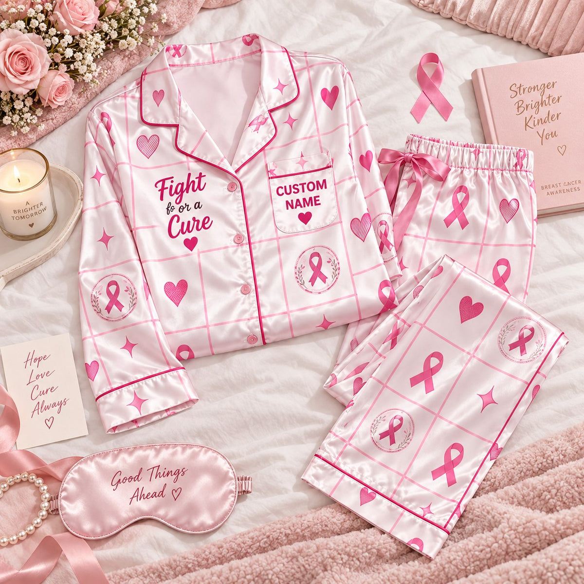 pink ribbon grid satin pajamas flat lay with a custom name on the chest