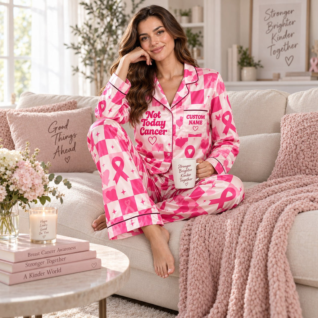 model holding mug standing in pink bedroom wearing custom name breast cancer