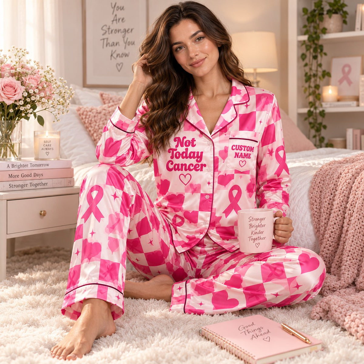 seated lifestyle photo of woman in pink checkered breast cancer awareness pajama