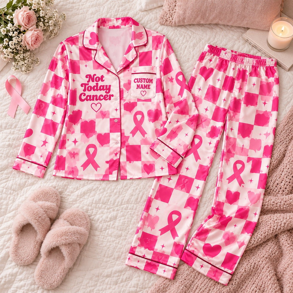 pink checkered ribbon satin pajamas flat lay with a custom name on the chest