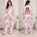 satin pajama set with all over pink ribbon breast cancer awareness print