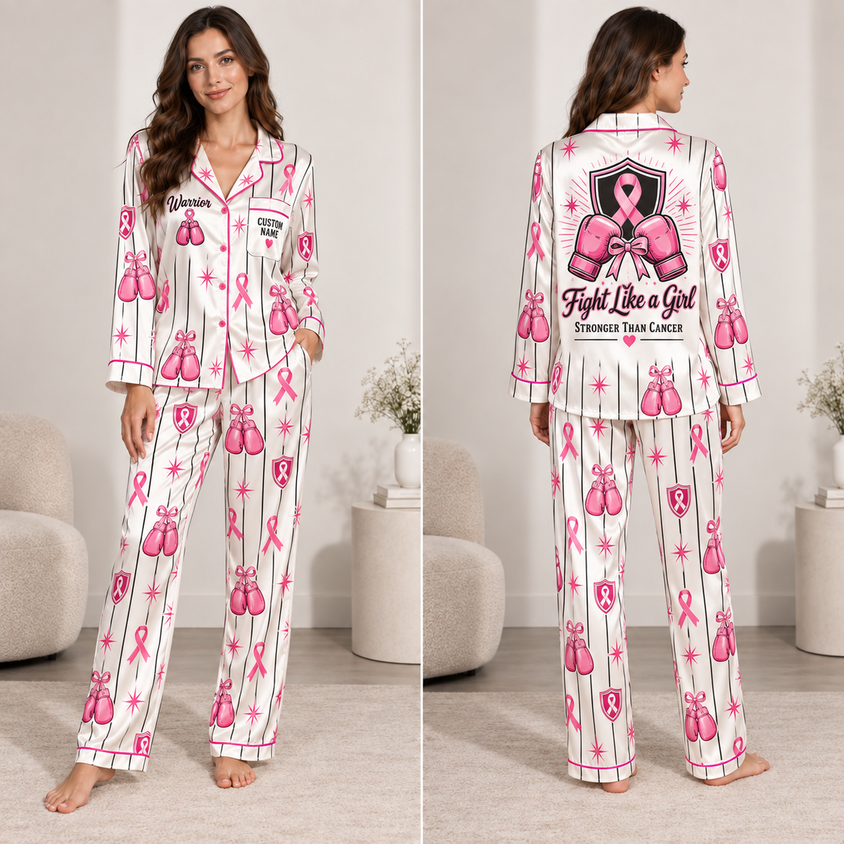 satin pajama set with all over pink ribbon breast cancer awareness print
