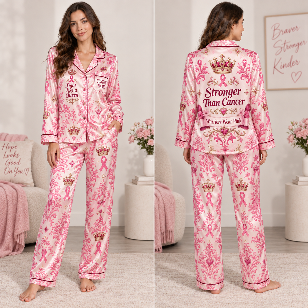 model wearing a pink breast cancer awareness satin pajama set with damask