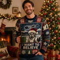 man wearing an x files i want to believe ugly christmas sweater