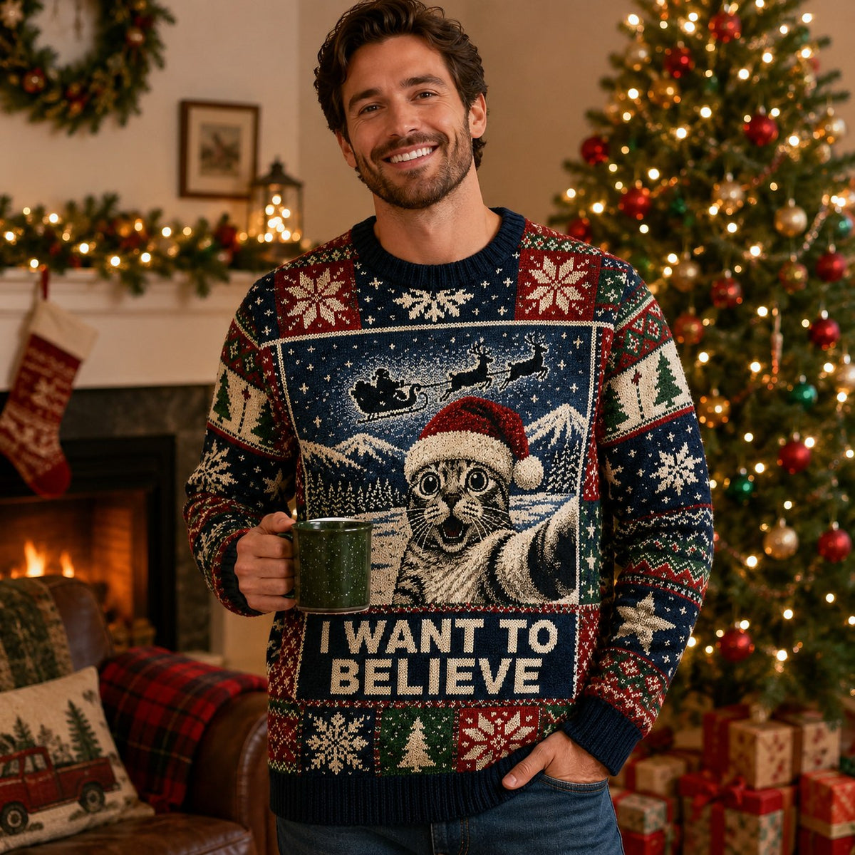 man wearing an x files i want to believe ugly christmas sweater