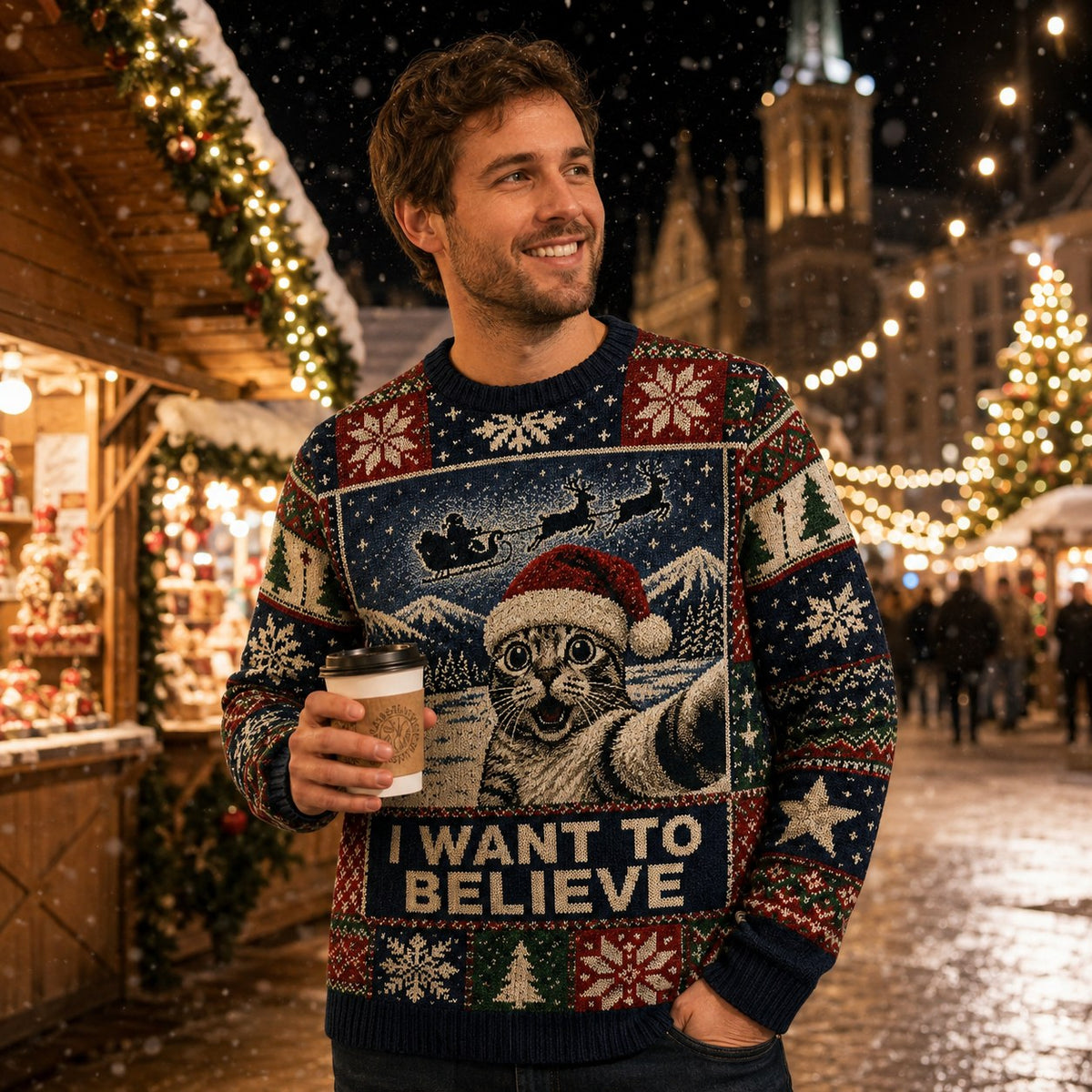 man holding a takeaway coffee in an x files ugly christmas sweater