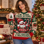 ugly christmas sweater showing a snowman in a cocoa mug with the