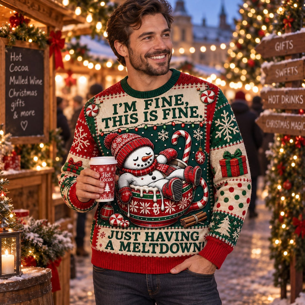 funny holiday jumper design with candy canes, gifts, and snowflakes on a