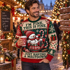 funny holiday jumper design with candy canes, gifts, and snowflakes on a