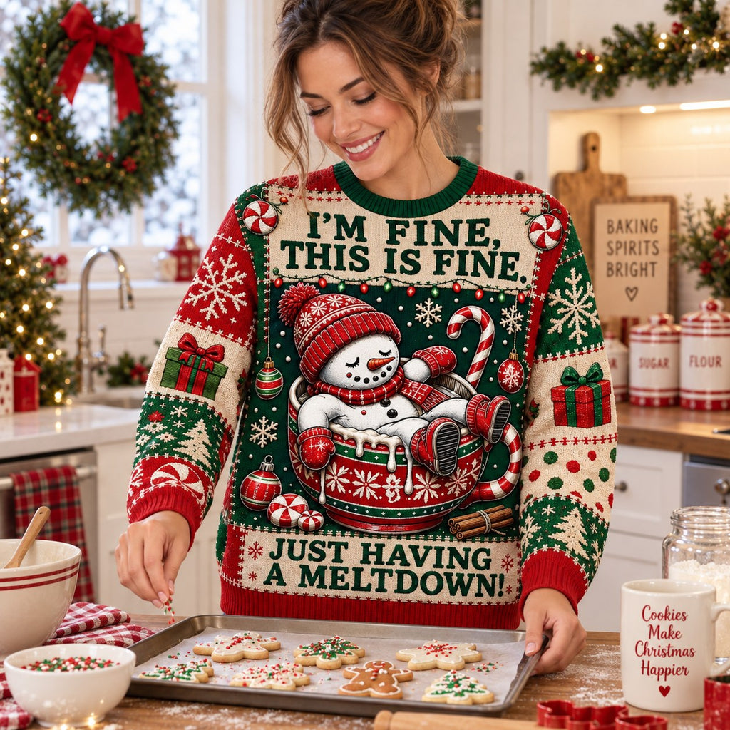 woman baking Christmas cookies while wearing the meltdown snowman ugly sweater