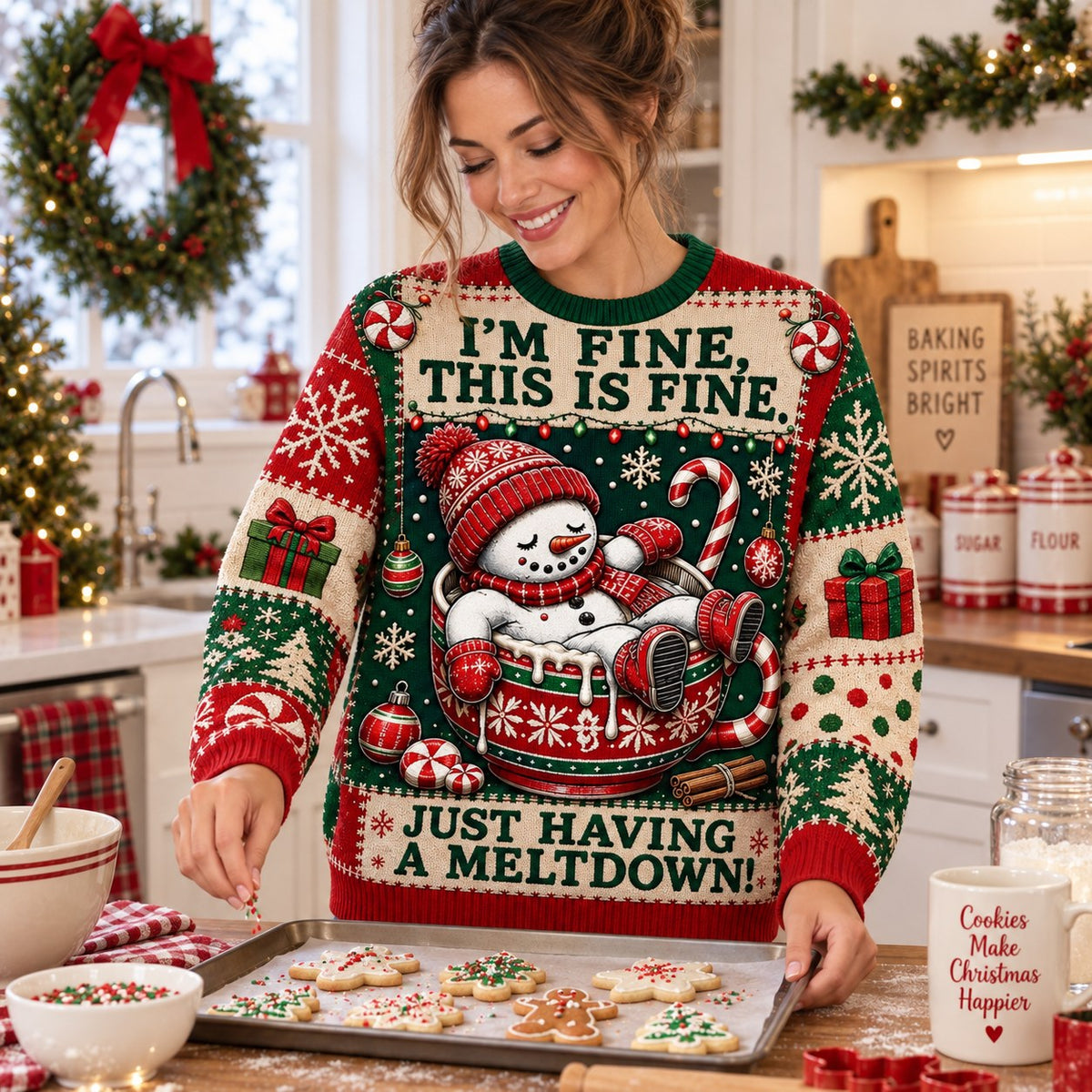 woman baking Christmas cookies while wearing the meltdown snowman ugly sweater