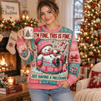 woman wearing funny ugly christmas sweater with snowman melting in hot cocoa