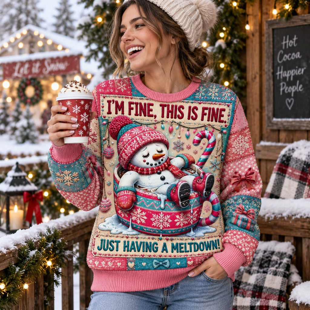 woman outdoors in snow wearing same meltdown snowman hot cocoa christmas jumper