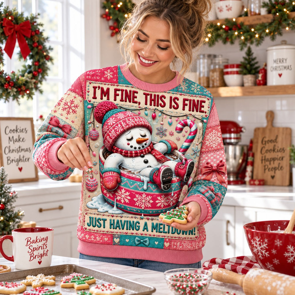 woman in kitchen holding a christmas cookie in matching snowman cocoa mug