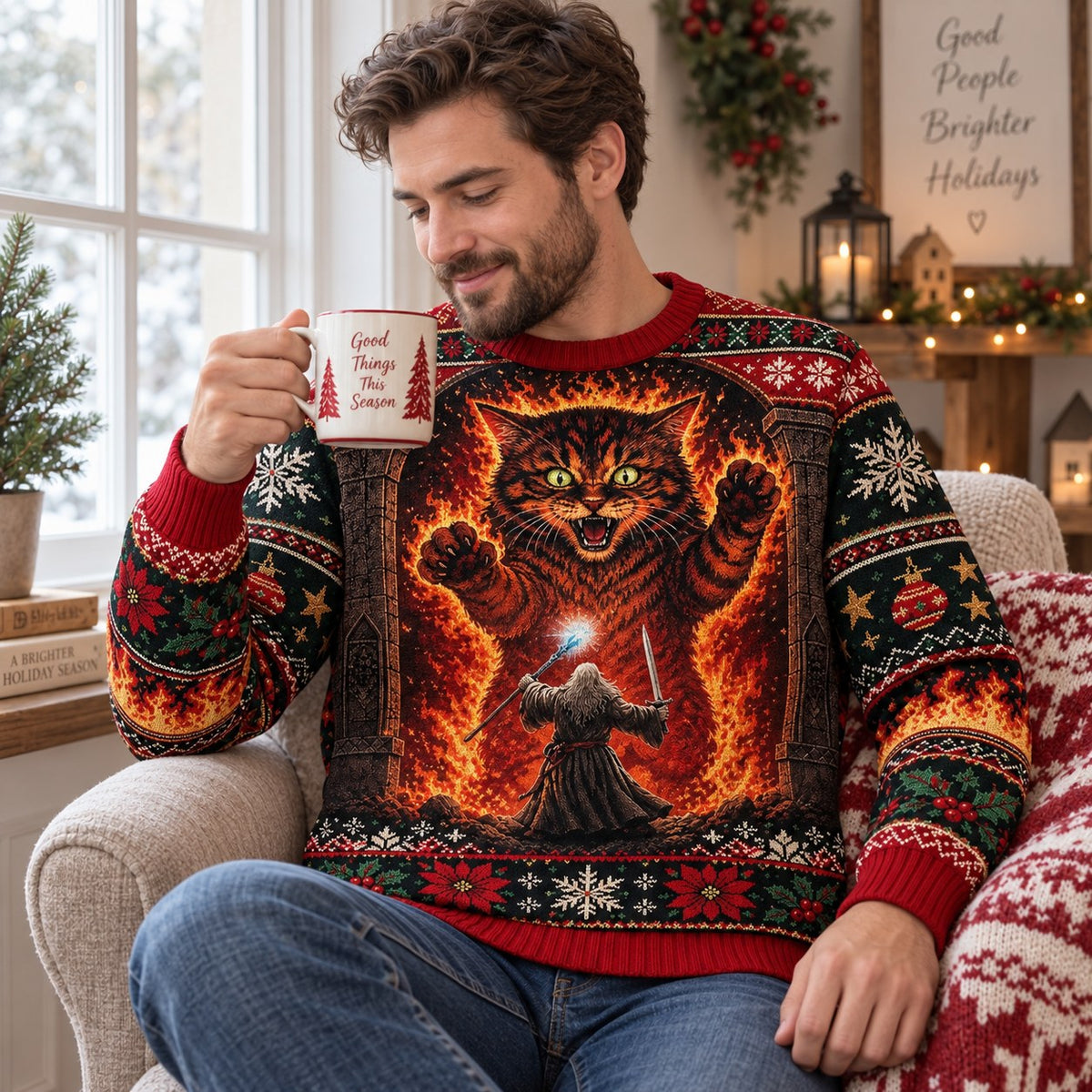 man drinking coffee in a flaming cat wizard all over print holiday