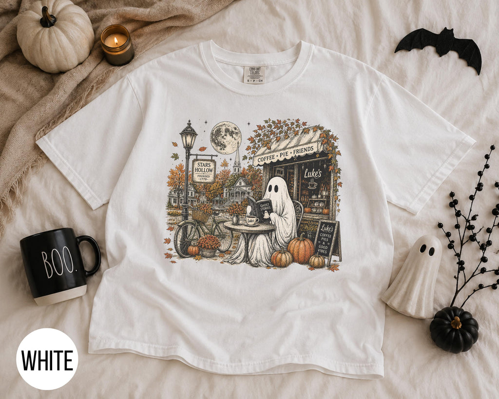 white graphic tee with ghost bookish fall harvest design