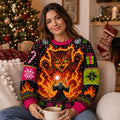 woman wearing an ugly christmas sweater with a giant orange cat and