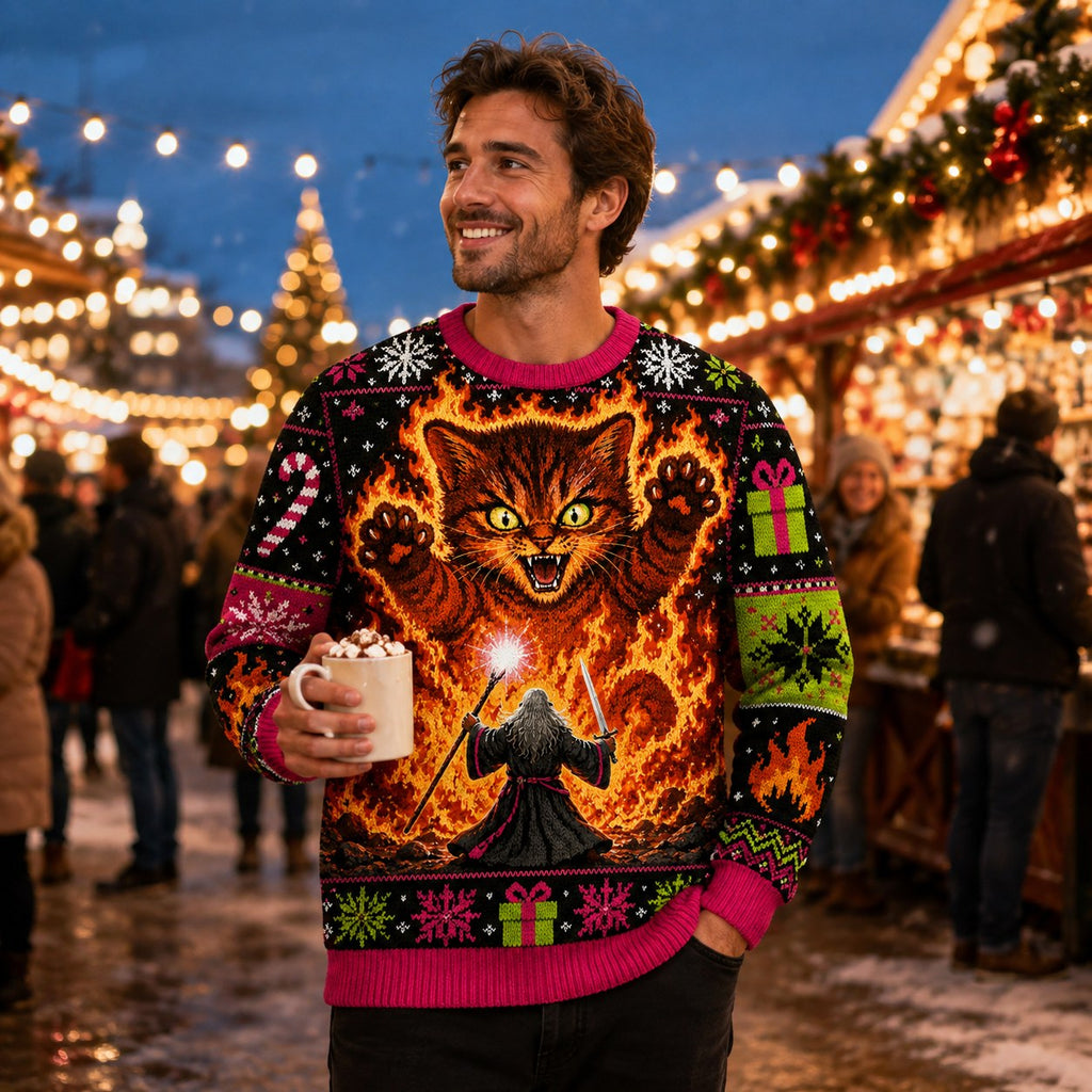 man in a hot chocolate mug holding an ugly christmas sweater featuring