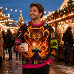 man in a hot chocolate mug holding an ugly christmas sweater featuring