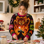 woman decorating christmas cookies wearing an all over print ugly sweater with
