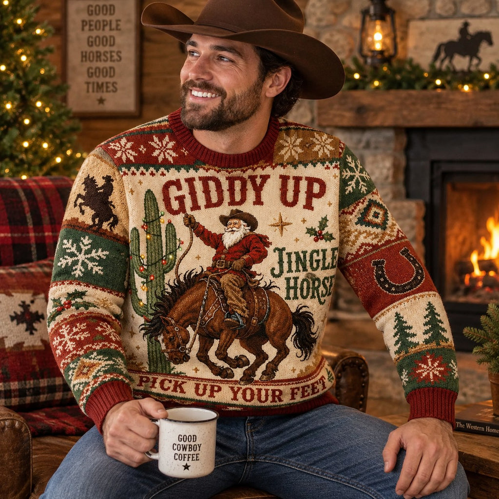 man in cowboy hat wearing a Giddy Up Jingle Horse ugly Christmas