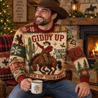 man in cowboy hat wearing a Giddy Up Jingle Horse ugly Christmas
