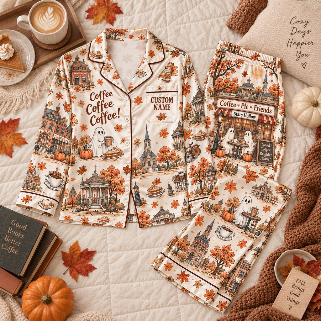autumn town print satin pajamas flat lay with a custom name on the chest
