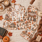 autumn town print satin pajamas flat lay with a custom name on the chest