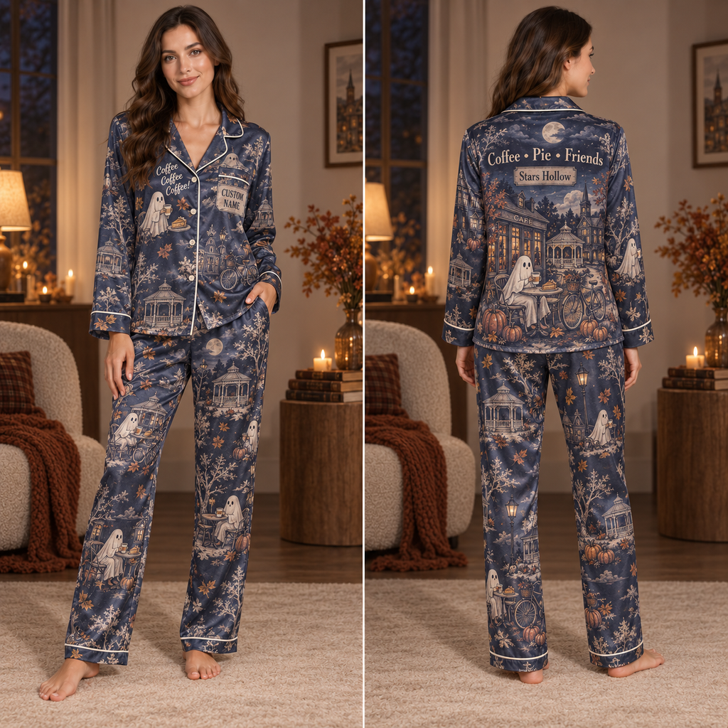 model wearing a navy satin pajama set with an all-over small-town