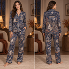 model wearing a navy satin pajama set with an all-over small-town