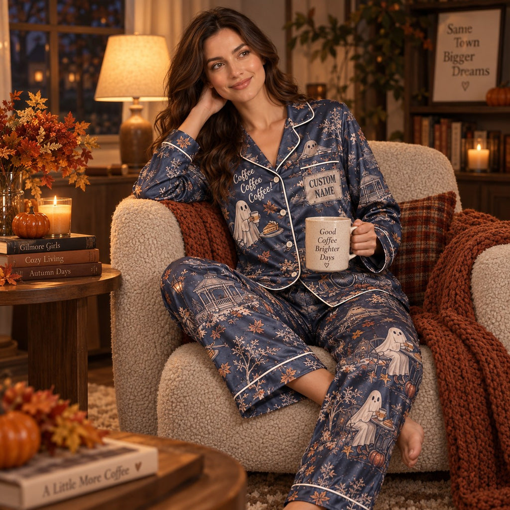 back view of the satin pajama set showing the Coffee Pie Friends