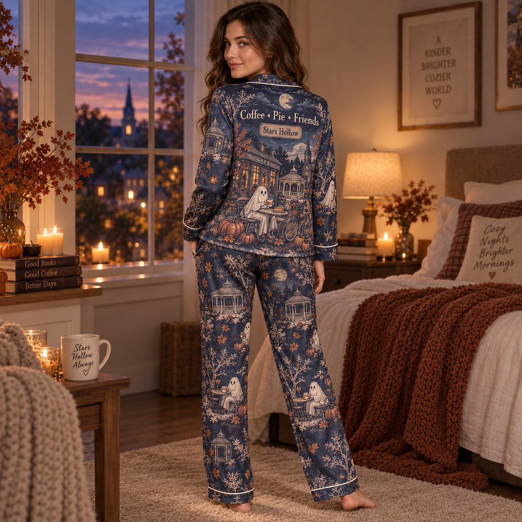 woman pouring coffee in a kitchen wearing the matching satin pajama set