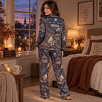 woman pouring coffee in a kitchen wearing the matching satin pajama set
