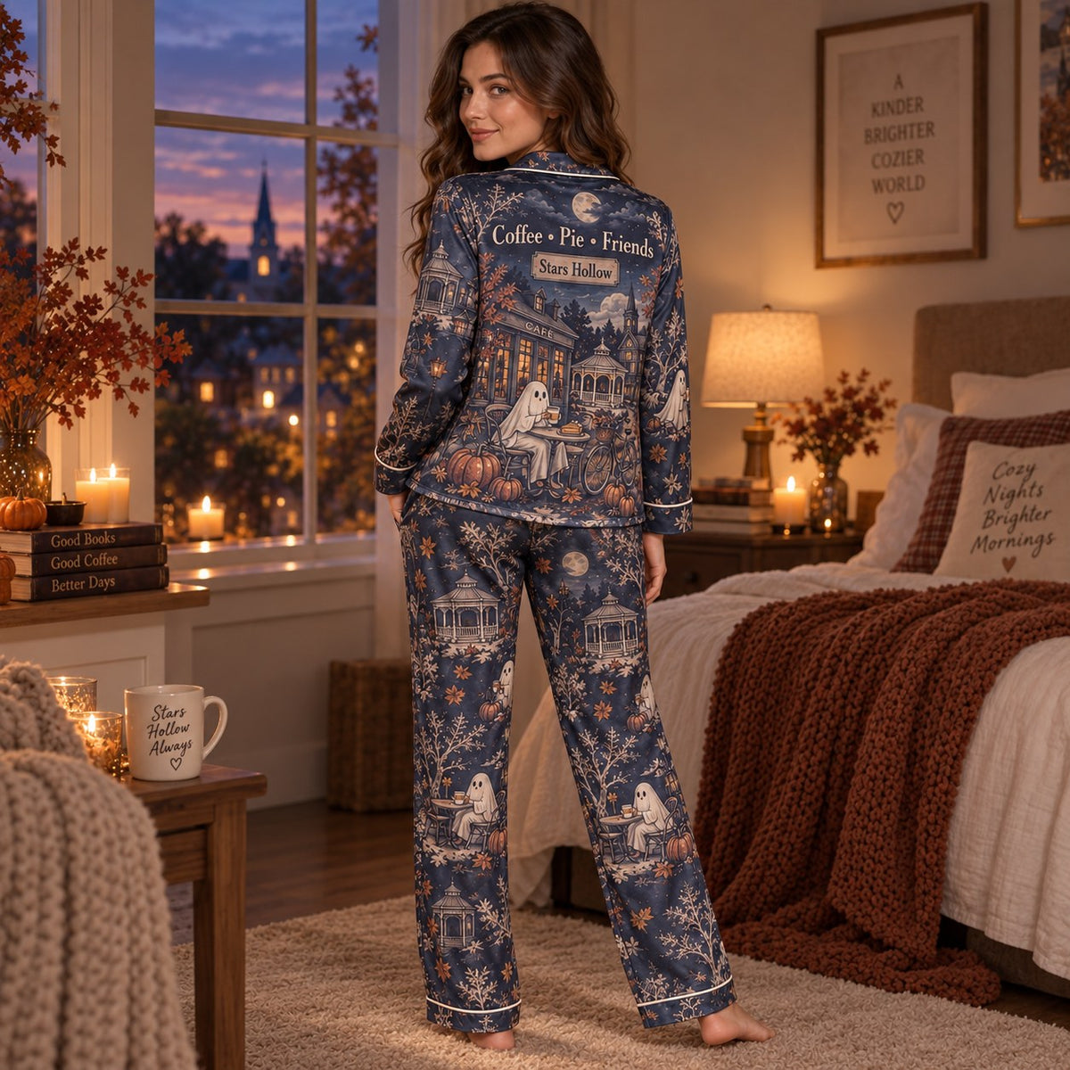 woman pouring coffee in a kitchen wearing the matching satin pajama set