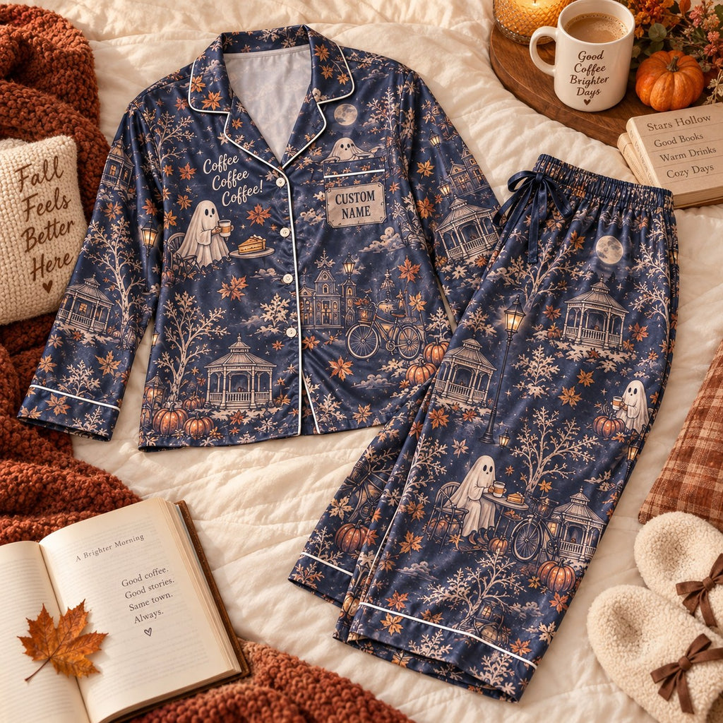 navy autumn ghost satin pajamas flat lay with a custom name on the chest