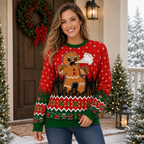 woman wearing red gingerbread ugly christmas sweater on a snowy porch