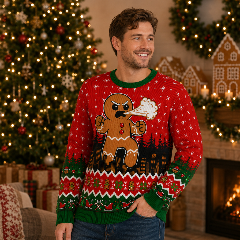 Gingerbread Man Angry City Skyline Ugly Christmas Sweater, Thug Life Christmas Sweater, Oh Snap Gingerbread Jumper, Gifts For Him