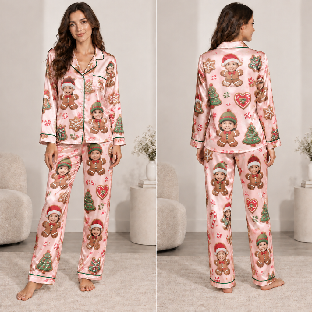 personalized christmas satin pajama set with gingerbread men and faces