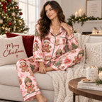 woman relaxing in custom gingerbread family christmas pajamas with a decorated tree