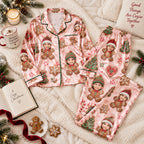 flat lay of pink satin pajama set with gingerbread figures and custom photo faces