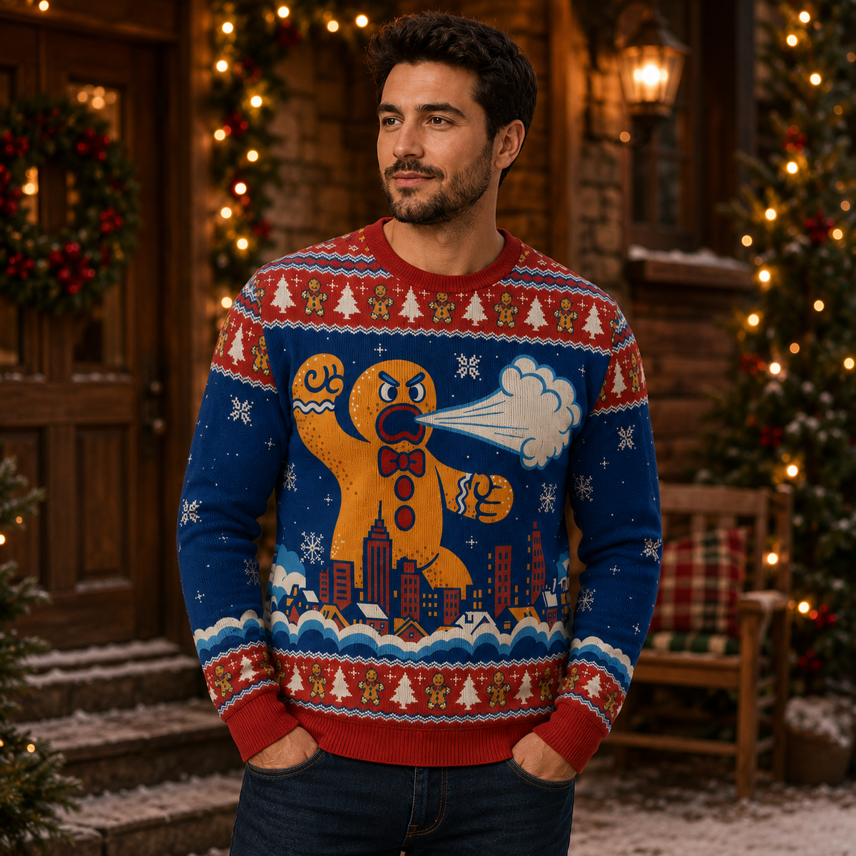 man wearing a gingerbread man ugly christmas sweater with city skyline