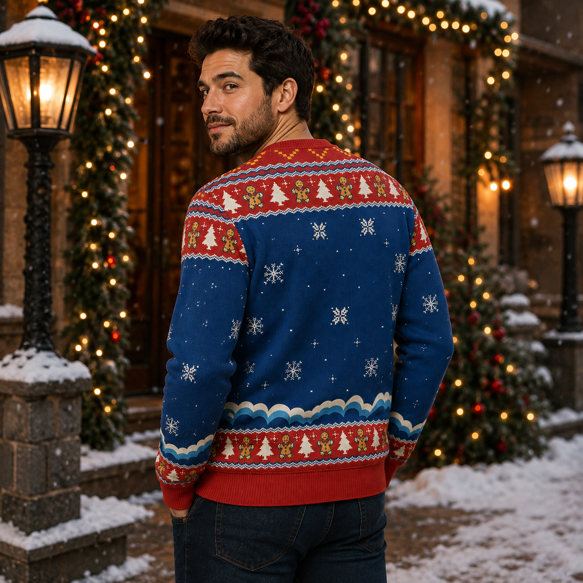 back view of a gingerbread man knit christmas sweater outdoors
