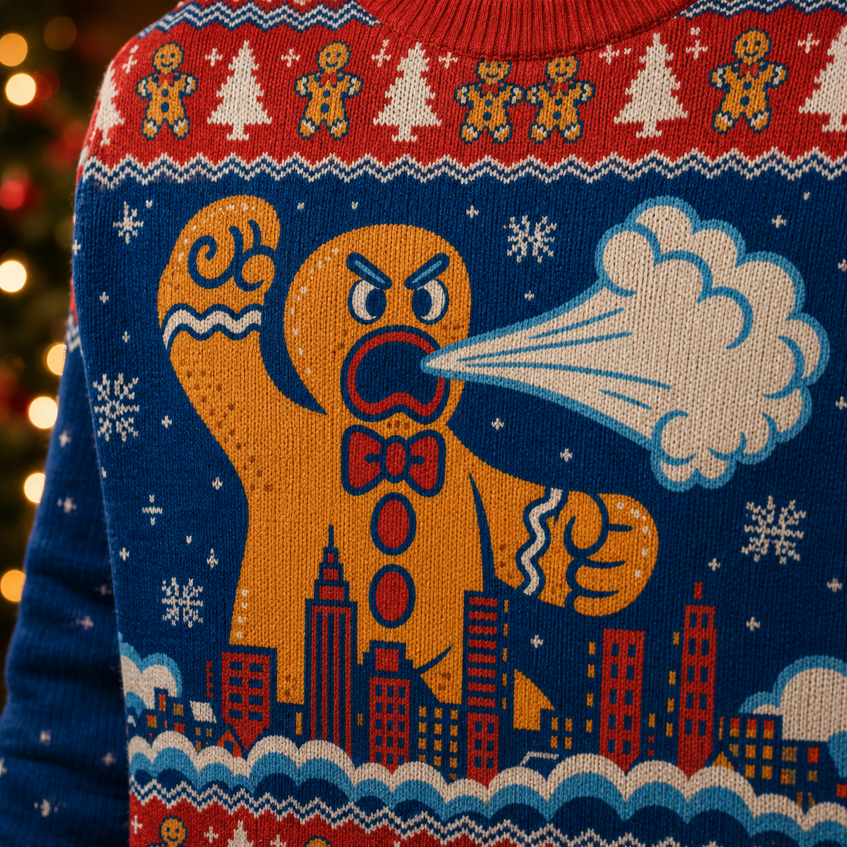 close up of knitted gingerbread man blowing breath on city design