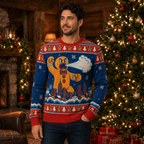 front view of a blue and red gingerbread man christmas sweater indoors
