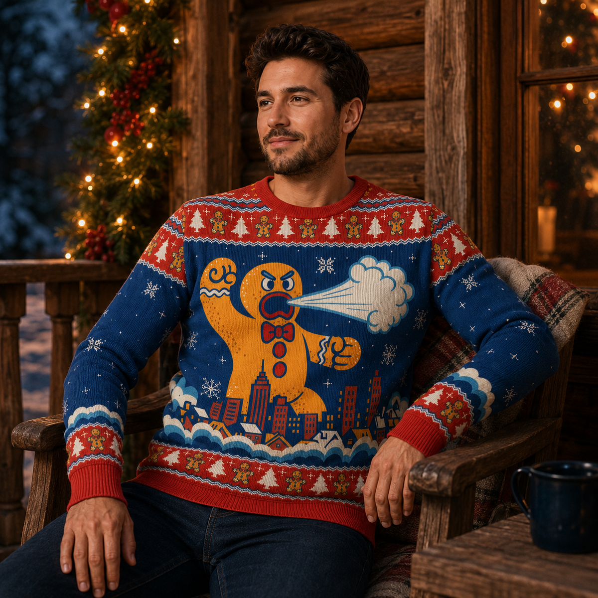 Gingerbread Man Ugly Christmas Sweater, City Skyline Holiday Jumper, Funny Knit Gifts For Him