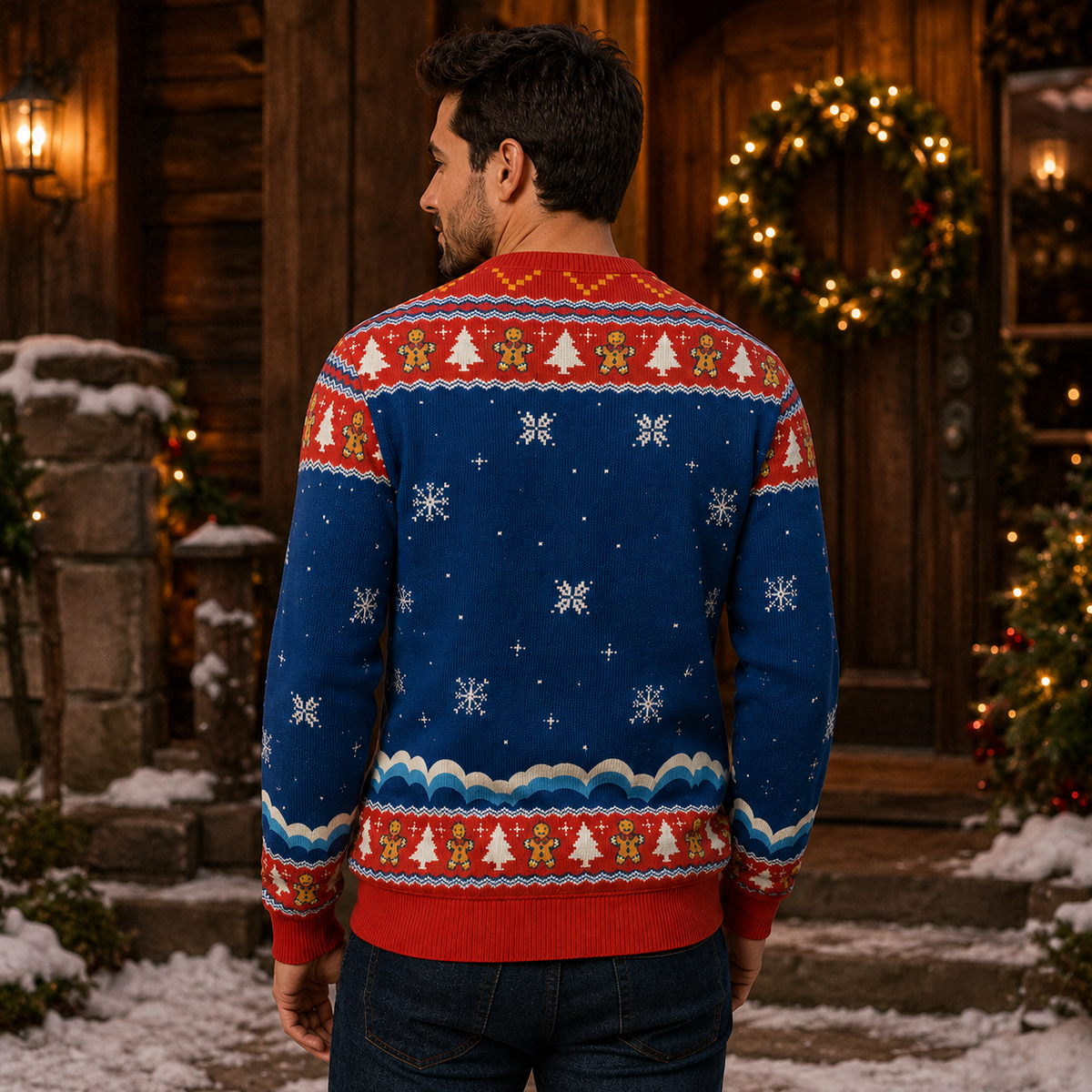 Gingerbread Man Ugly Christmas Sweater, City Skyline Holiday Jumper, Funny Knit Gifts For Him
