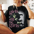 black graphic t-shirt with girls will be girls pink lettering and green