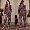 front view of a satin halloween pajama set with witchy woman all