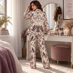 model reading spooky book in custom name witchy woman halloween satin pajama